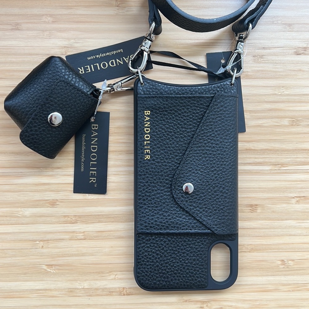 Bandolier Hailey Case iPhone XR & Avery AirPod 3 Clip-on Pouch - Black & Silver